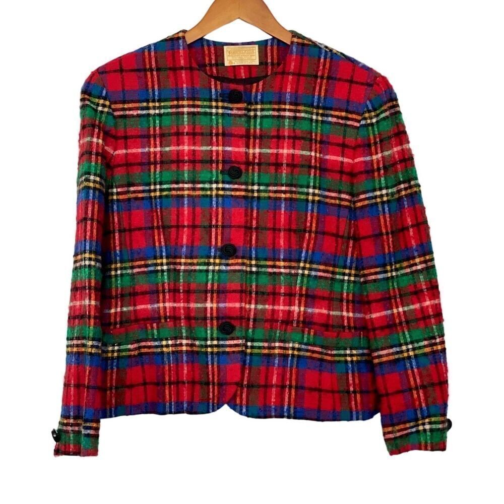 Vintage Pendleton Blazer 70s Women's Size 12 Wool Red Blue Green Plaid Holiday
